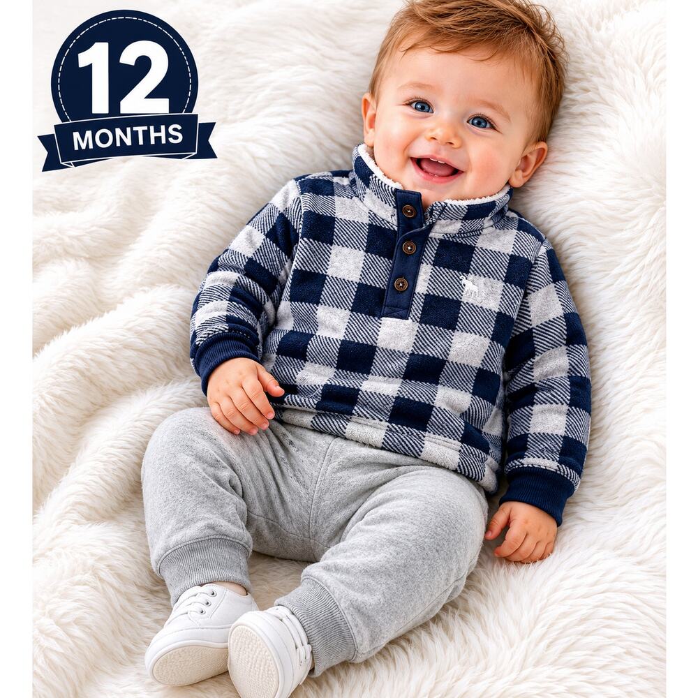 Carters Baby Boys 12M Buffalo Plaid Fleece Jogger Set Sherpa Collar Cabin Core